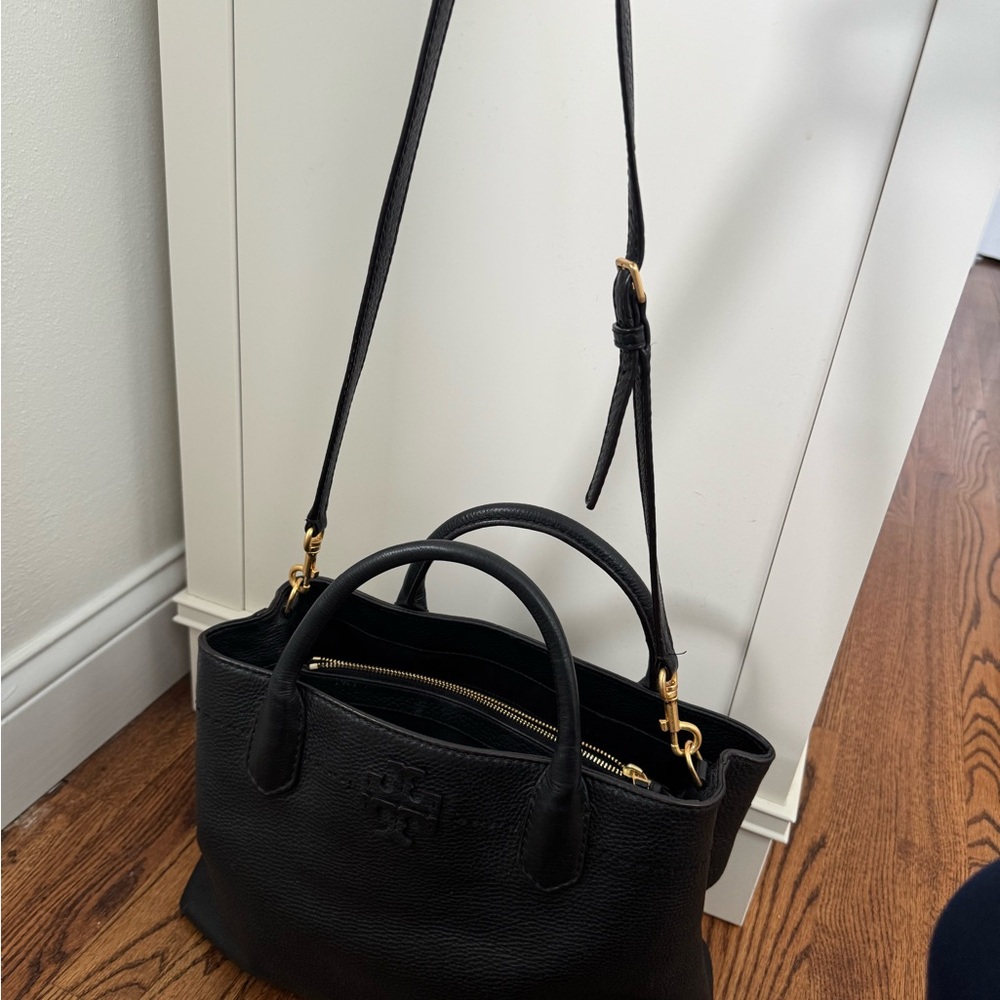 Tory Burch McGraw Triple Compartment Leather Satchel Black gold hardware - Picture 5 of 5